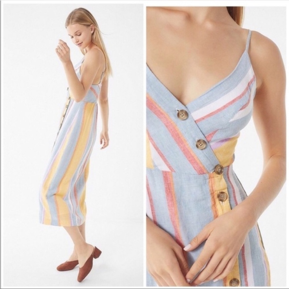 Urban Outfitters Linen Sundress XS Rainbow Colorful Button Front Beachy Vacay - Picture 3 of 12